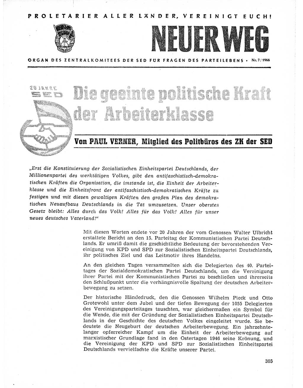 Neuer Weg (NW), Organ des Zentralkomitees (ZK) der SED (Sozialistische Einheitspartei Deutschlands) für Fragen des Parteilebens, 21. Jahrgang [Deutsche Demokratische Republik (DDR)] 1966, Seite 305 (NW ZK SED DDR 1966, S. 305)