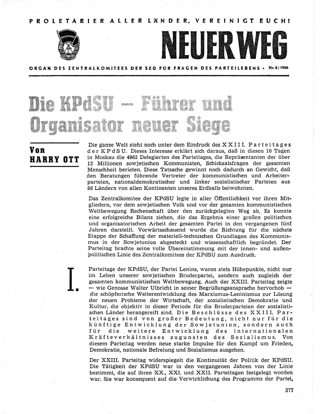 Neuer Weg (NW), Organ des Zentralkomitees (ZK) der SED (Sozialistische Einheitspartei Deutschlands) für Fragen des Parteilebens, 21. Jahrgang [Deutsche Demokratische Republik (DDR)] 1966, Seite 377 (NW ZK SED DDR 1966, S. 377)