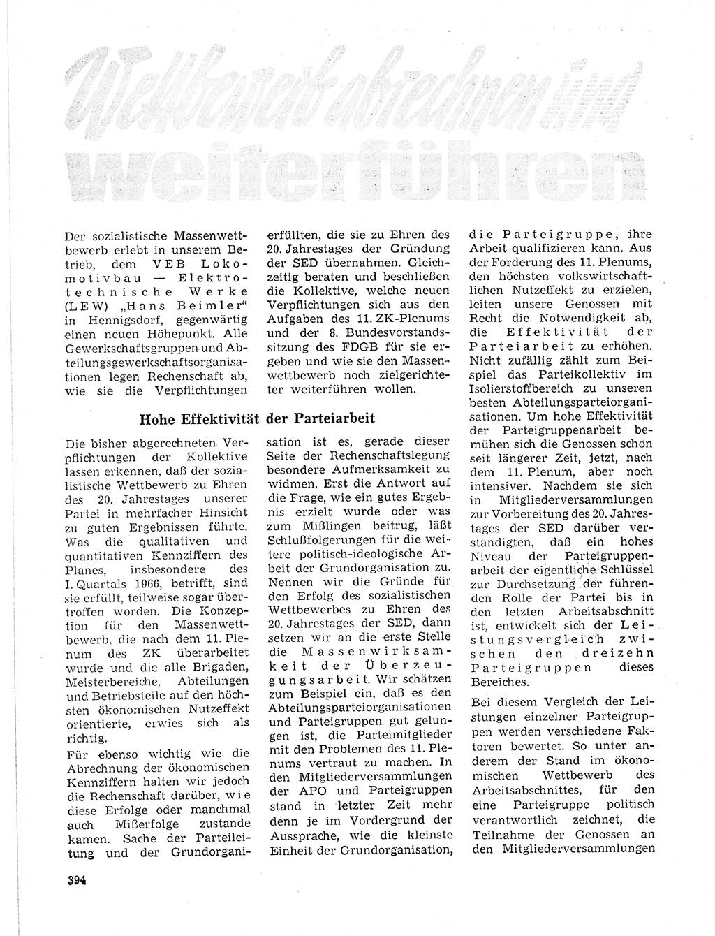 Neuer Weg (NW), Organ des Zentralkomitees (ZK) der SED (Sozialistische Einheitspartei Deutschlands) für Fragen des Parteilebens, 21. Jahrgang [Deutsche Demokratische Republik (DDR)] 1966, Seite 394 (NW ZK SED DDR 1966, S. 394)