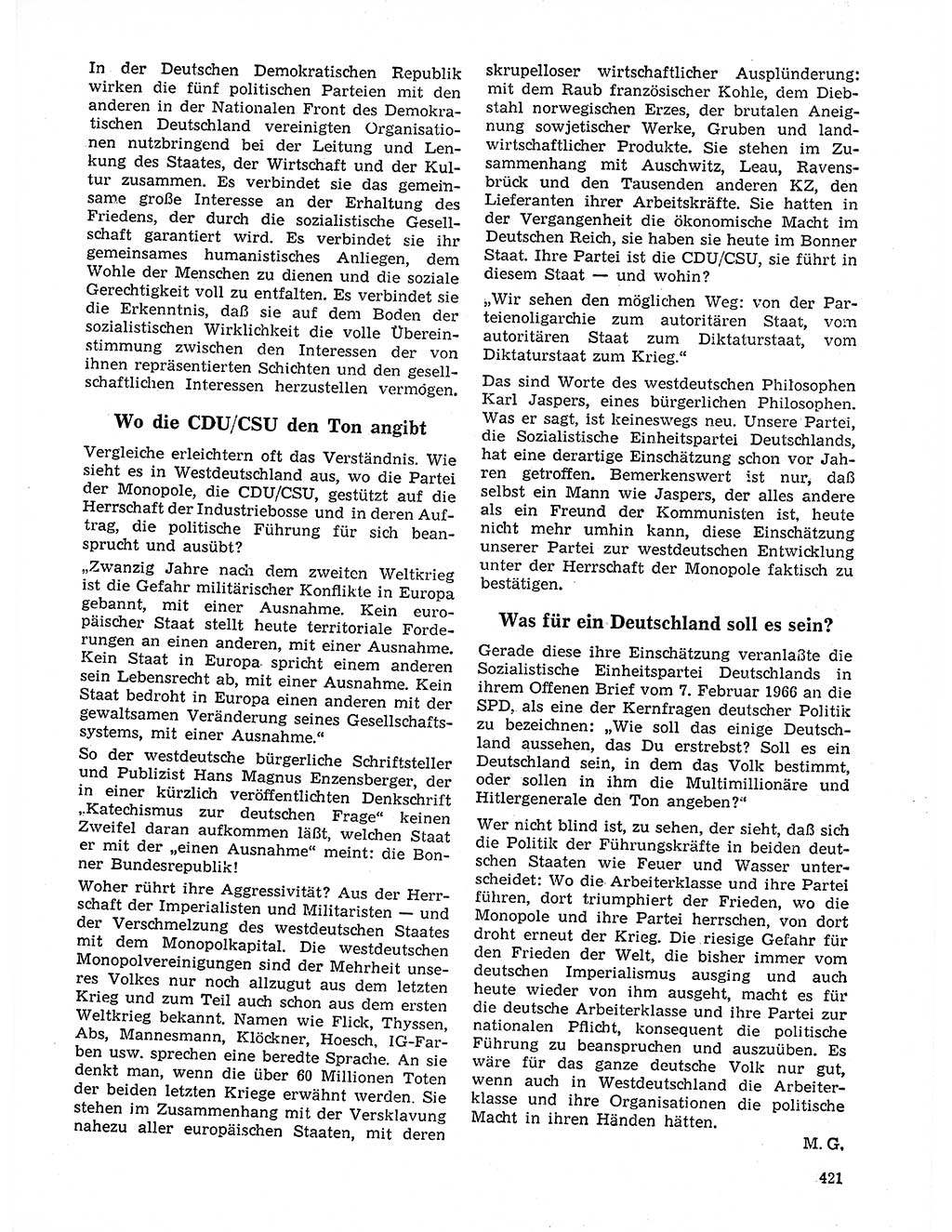 Neuer Weg (NW), Organ des Zentralkomitees (ZK) der SED (Sozialistische Einheitspartei Deutschlands) für Fragen des Parteilebens, 21. Jahrgang [Deutsche Demokratische Republik (DDR)] 1966, Seite 421 (NW ZK SED DDR 1966, S. 421)