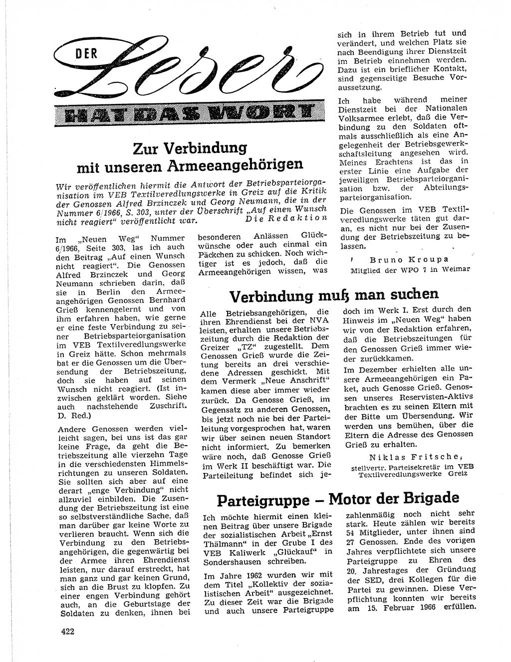 Neuer Weg (NW), Organ des Zentralkomitees (ZK) der SED (Sozialistische Einheitspartei Deutschlands) für Fragen des Parteilebens, 21. Jahrgang [Deutsche Demokratische Republik (DDR)] 1966, Seite 422 (NW ZK SED DDR 1966, S. 422)