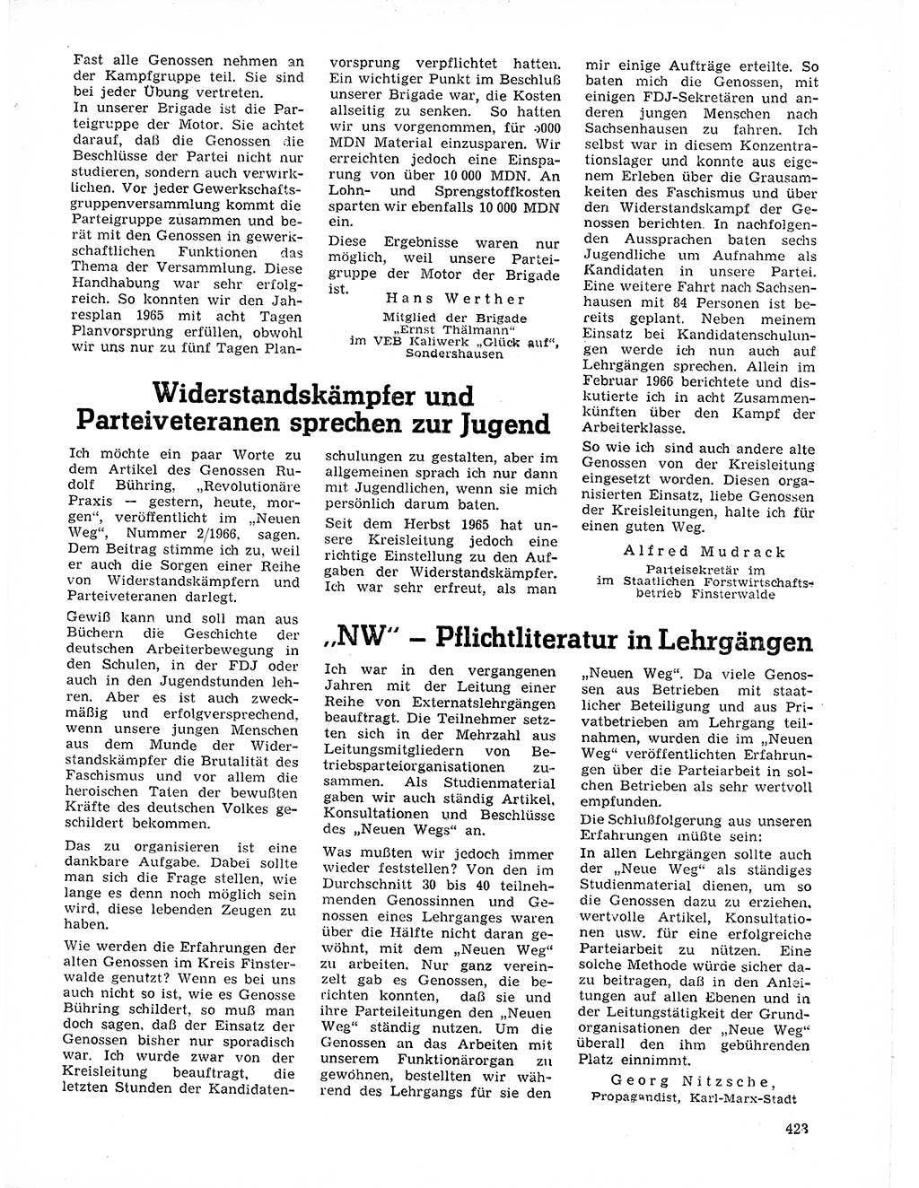 Neuer Weg (NW), Organ des Zentralkomitees (ZK) der SED (Sozialistische Einheitspartei Deutschlands) für Fragen des Parteilebens, 21. Jahrgang [Deutsche Demokratische Republik (DDR)] 1966, Seite 423 (NW ZK SED DDR 1966, S. 423)