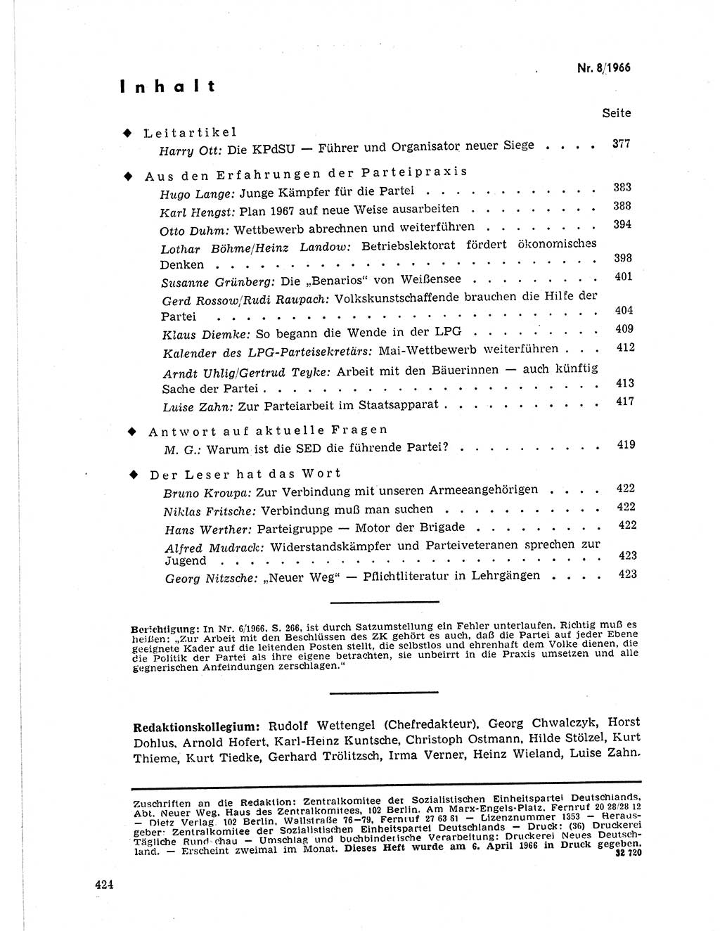 Neuer Weg (NW), Organ des Zentralkomitees (ZK) der SED (Sozialistische Einheitspartei Deutschlands) für Fragen des Parteilebens, 21. Jahrgang [Deutsche Demokratische Republik (DDR)] 1966, Seite 424 (NW ZK SED DDR 1966, S. 424)