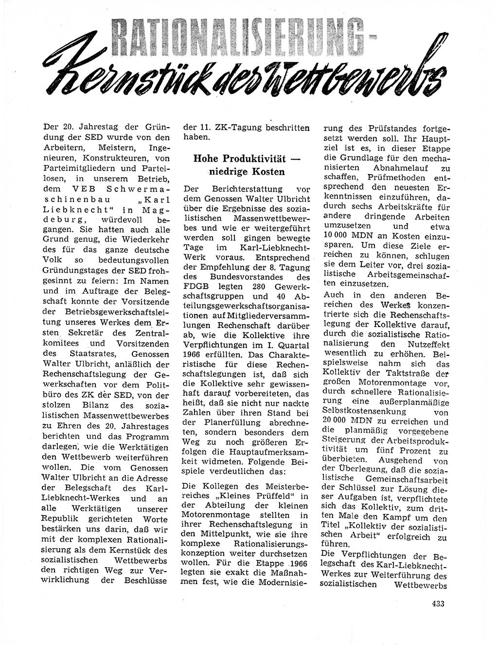 Neuer Weg (NW), Organ des Zentralkomitees (ZK) der SED (Sozialistische Einheitspartei Deutschlands) für Fragen des Parteilebens, 21. Jahrgang [Deutsche Demokratische Republik (DDR)] 1966, Seite 433 (NW ZK SED DDR 1966, S. 433)
