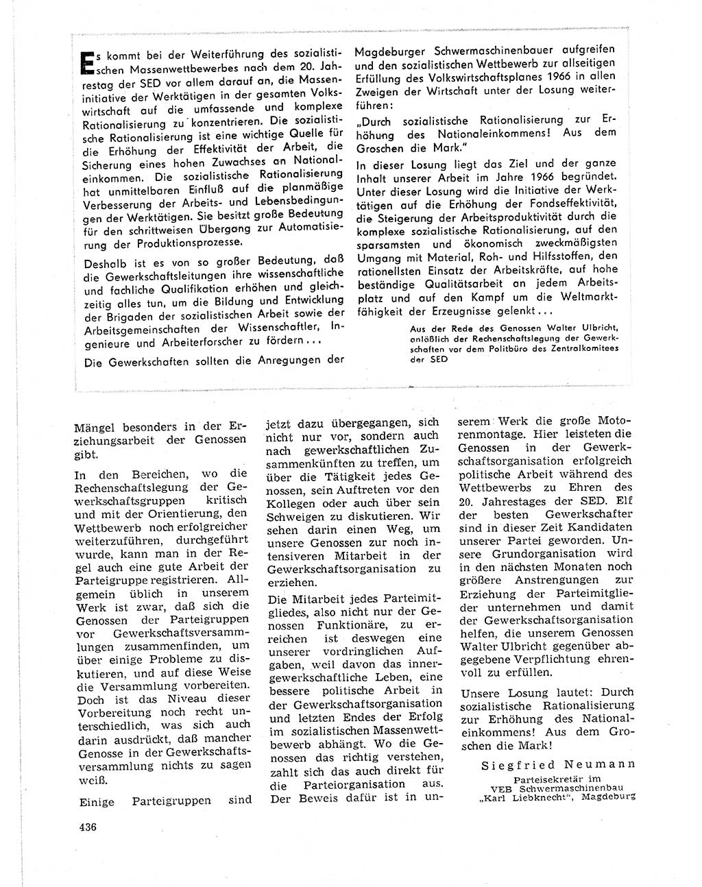 Neuer Weg (NW), Organ des Zentralkomitees (ZK) der SED (Sozialistische Einheitspartei Deutschlands) für Fragen des Parteilebens, 21. Jahrgang [Deutsche Demokratische Republik (DDR)] 1966, Seite 436 (NW ZK SED DDR 1966, S. 436)