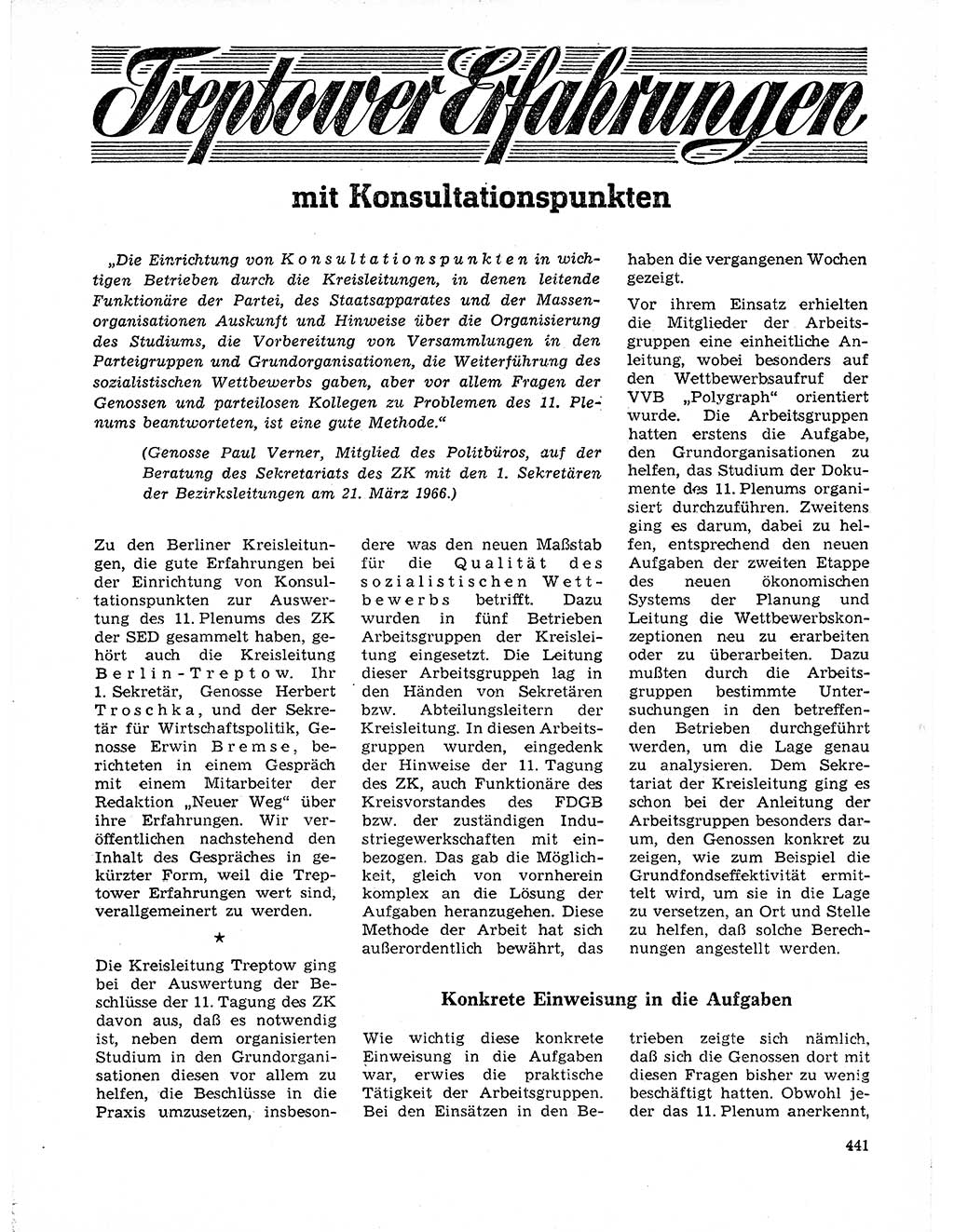 Neuer Weg (NW), Organ des Zentralkomitees (ZK) der SED (Sozialistische Einheitspartei Deutschlands) für Fragen des Parteilebens, 21. Jahrgang [Deutsche Demokratische Republik (DDR)] 1966, Seite 441 (NW ZK SED DDR 1966, S. 441)