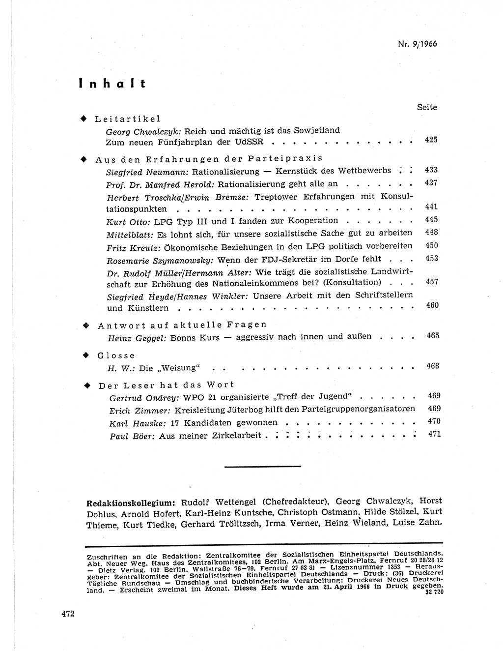 Neuer Weg (NW), Organ des Zentralkomitees (ZK) der SED (Sozialistische Einheitspartei Deutschlands) für Fragen des Parteilebens, 21. Jahrgang [Deutsche Demokratische Republik (DDR)] 1966, Seite 472 (NW ZK SED DDR 1966, S. 472)