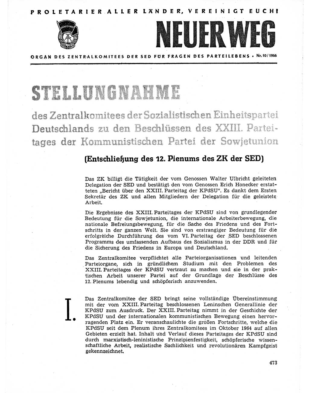 Neuer Weg (NW), Organ des Zentralkomitees (ZK) der SED (Sozialistische Einheitspartei Deutschlands) für Fragen des Parteilebens, 21. Jahrgang [Deutsche Demokratische Republik (DDR)] 1966, Seite 473 (NW ZK SED DDR 1966, S. 473)
