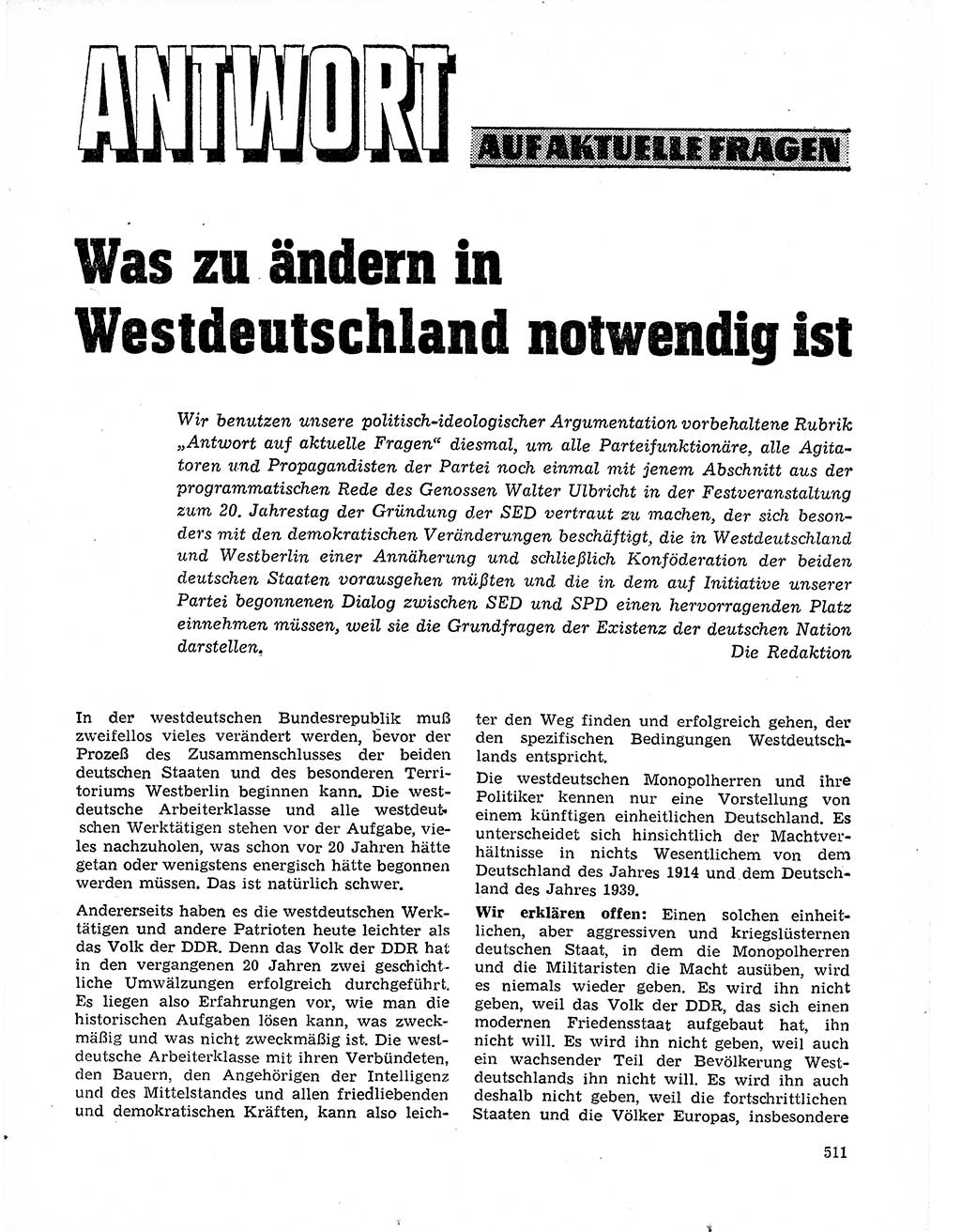 Neuer Weg (NW), Organ des Zentralkomitees (ZK) der SED (Sozialistische Einheitspartei Deutschlands) für Fragen des Parteilebens, 21. Jahrgang [Deutsche Demokratische Republik (DDR)] 1966, Seite 511 (NW ZK SED DDR 1966, S. 511)