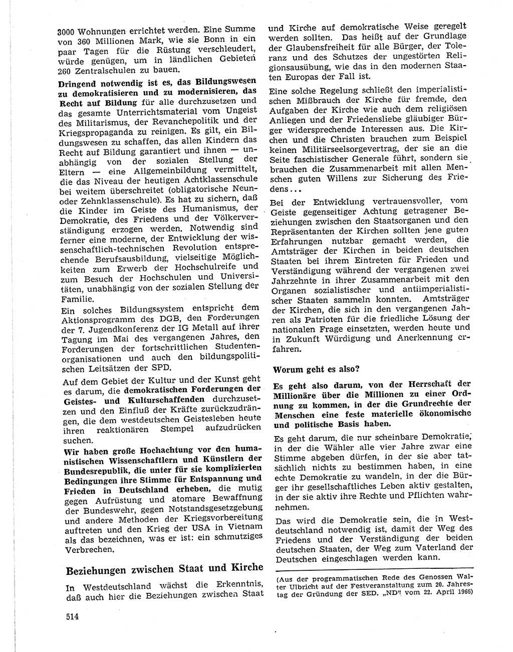 Neuer Weg (NW), Organ des Zentralkomitees (ZK) der SED (Sozialistische Einheitspartei Deutschlands) für Fragen des Parteilebens, 21. Jahrgang [Deutsche Demokratische Republik (DDR)] 1966, Seite 514 (NW ZK SED DDR 1966, S. 514)
