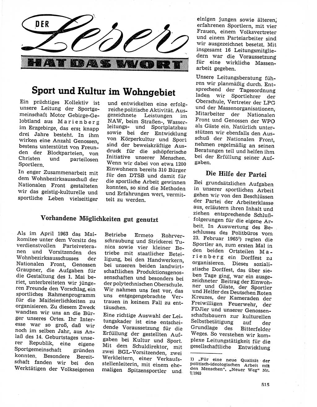 Neuer Weg (NW), Organ des Zentralkomitees (ZK) der SED (Sozialistische Einheitspartei Deutschlands) für Fragen des Parteilebens, 21. Jahrgang [Deutsche Demokratische Republik (DDR)] 1966, Seite 515 (NW ZK SED DDR 1966, S. 515)