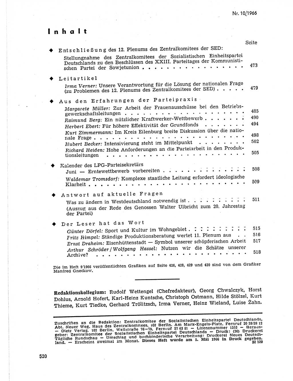 Neuer Weg (NW), Organ des Zentralkomitees (ZK) der SED (Sozialistische Einheitspartei Deutschlands) für Fragen des Parteilebens, 21. Jahrgang [Deutsche Demokratische Republik (DDR)] 1966, Seite 520 (NW ZK SED DDR 1966, S. 520)