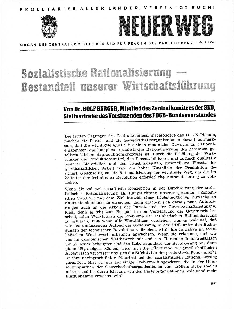 Neuer Weg (NW), Organ des Zentralkomitees (ZK) der SED (Sozialistische Einheitspartei Deutschlands) für Fragen des Parteilebens, 21. Jahrgang [Deutsche Demokratische Republik (DDR)] 1966, Seite 521 (NW ZK SED DDR 1966, S. 521)