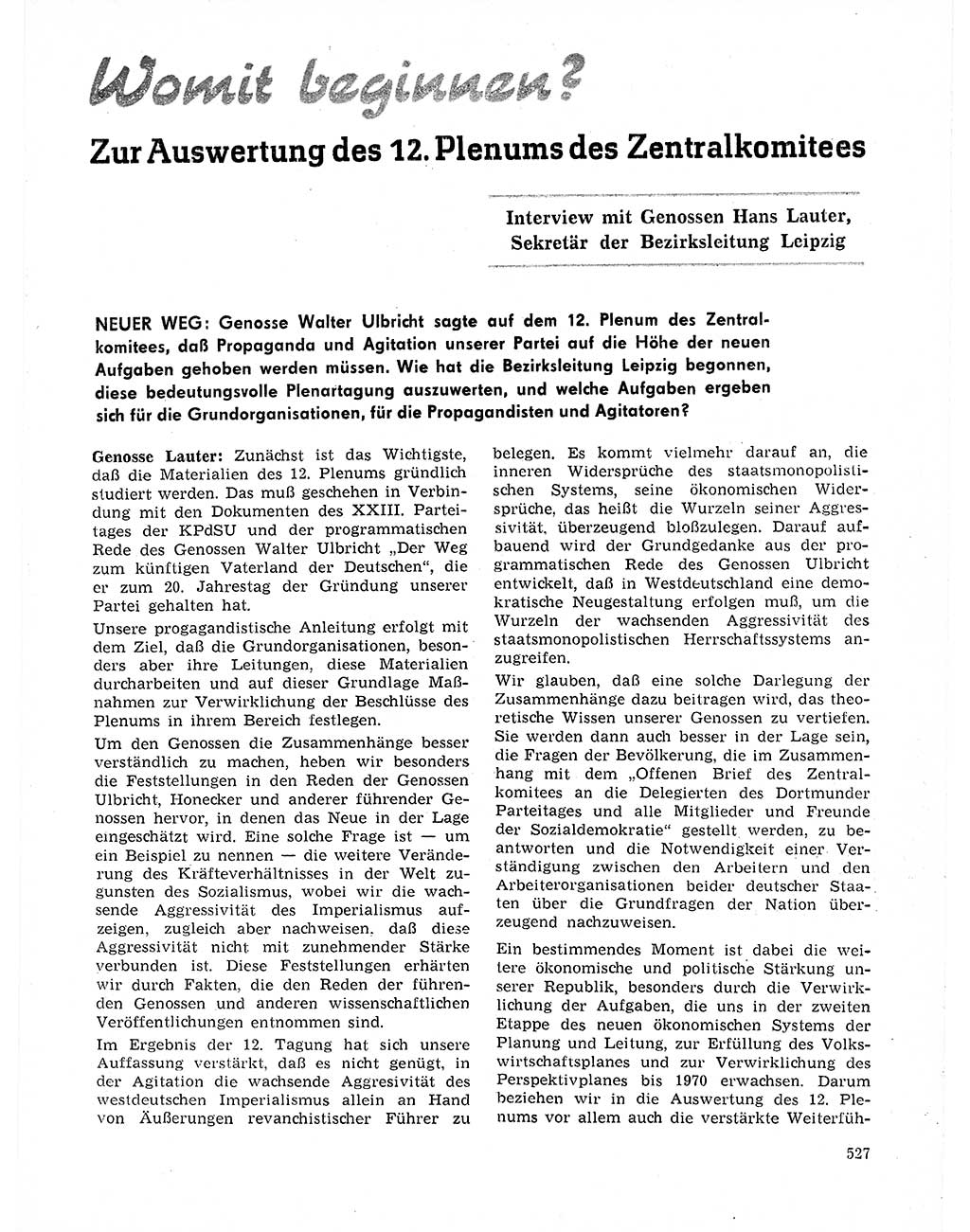 Neuer Weg (NW), Organ des Zentralkomitees (ZK) der SED (Sozialistische Einheitspartei Deutschlands) für Fragen des Parteilebens, 21. Jahrgang [Deutsche Demokratische Republik (DDR)] 1966, Seite 527 (NW ZK SED DDR 1966, S. 527)