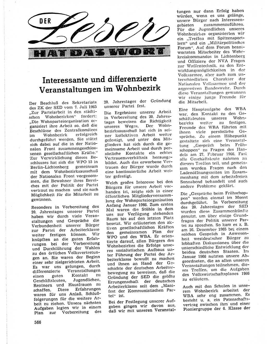 Neuer Weg (NW), Organ des Zentralkomitees (ZK) der SED (Sozialistische Einheitspartei Deutschlands) für Fragen des Parteilebens, 21. Jahrgang [Deutsche Demokratische Republik (DDR)] 1966, Seite 566 (NW ZK SED DDR 1966, S. 566)