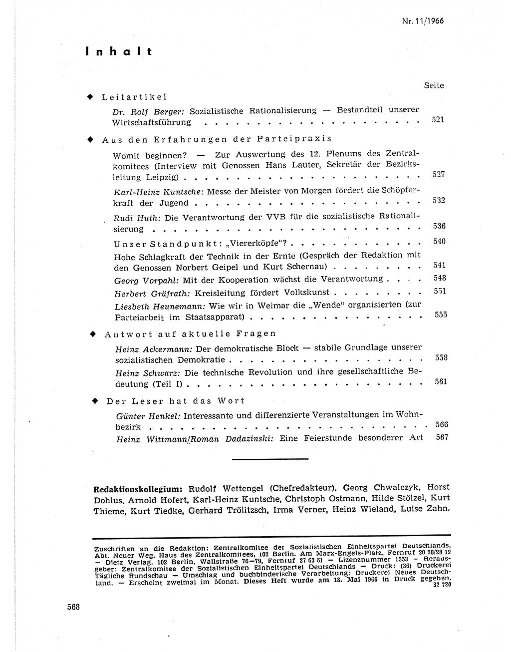 Neuer Weg (NW), Organ des Zentralkomitees (ZK) der SED (Sozialistische Einheitspartei Deutschlands) für Fragen des Parteilebens, 21. Jahrgang [Deutsche Demokratische Republik (DDR)] 1966, Seite 568 (NW ZK SED DDR 1966, S. 568)