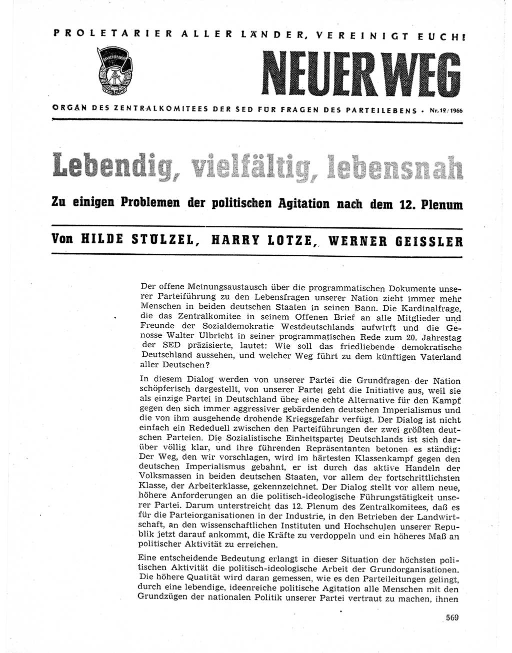 Neuer Weg (NW), Organ des Zentralkomitees (ZK) der SED (Sozialistische Einheitspartei Deutschlands) für Fragen des Parteilebens, 21. Jahrgang [Deutsche Demokratische Republik (DDR)] 1966, Seite 569 (NW ZK SED DDR 1966, S. 569)