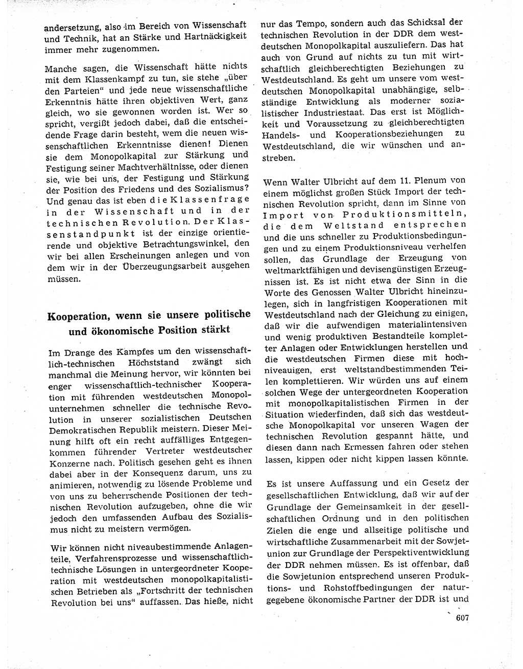 Neuer Weg (NW), Organ des Zentralkomitees (ZK) der SED (Sozialistische Einheitspartei Deutschlands) für Fragen des Parteilebens, 21. Jahrgang [Deutsche Demokratische Republik (DDR)] 1966, Seite 607 (NW ZK SED DDR 1966, S. 607)
