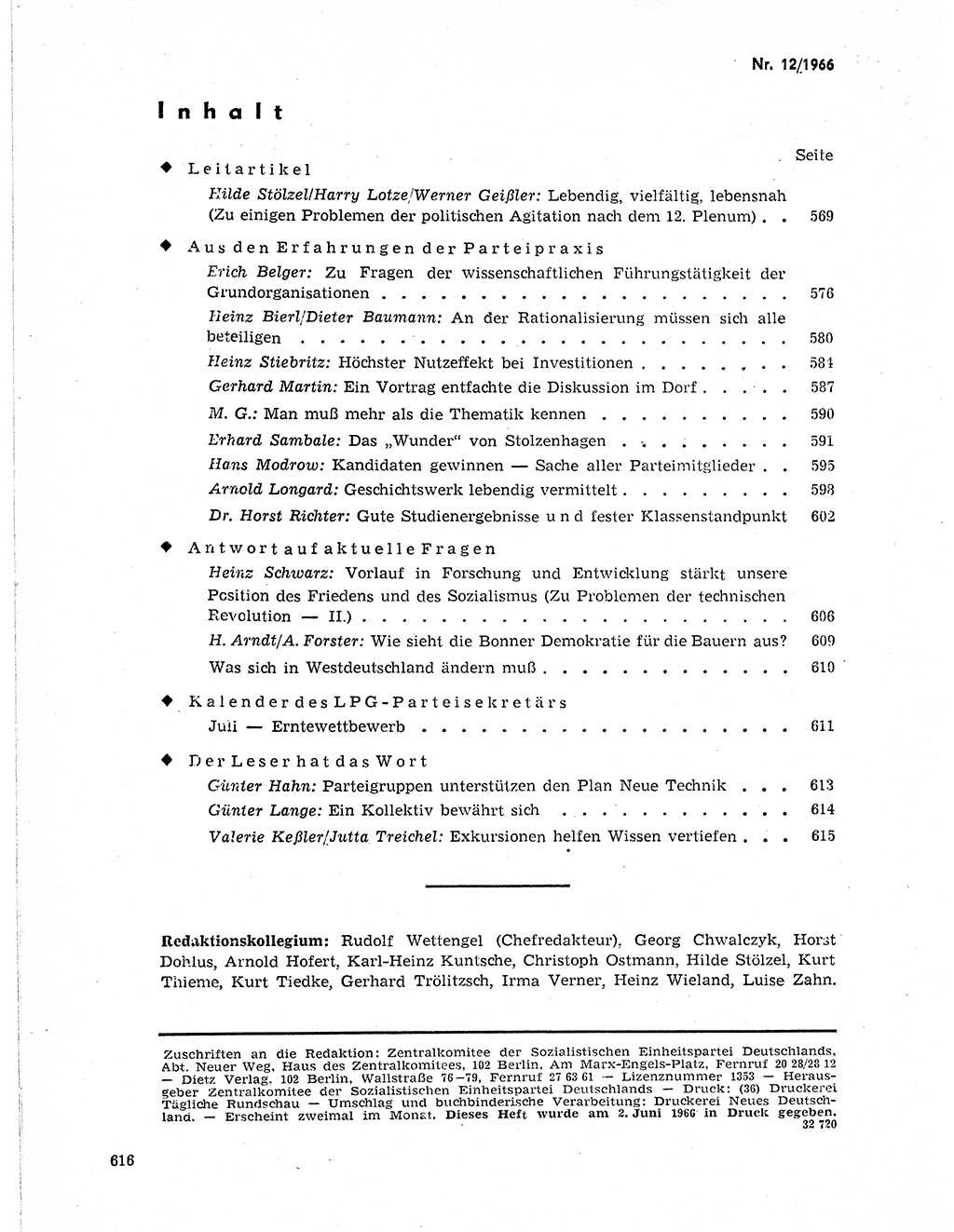 Neuer Weg (NW), Organ des Zentralkomitees (ZK) der SED (Sozialistische Einheitspartei Deutschlands) für Fragen des Parteilebens, 21. Jahrgang [Deutsche Demokratische Republik (DDR)] 1966, Seite 616 (NW ZK SED DDR 1966, S. 616)