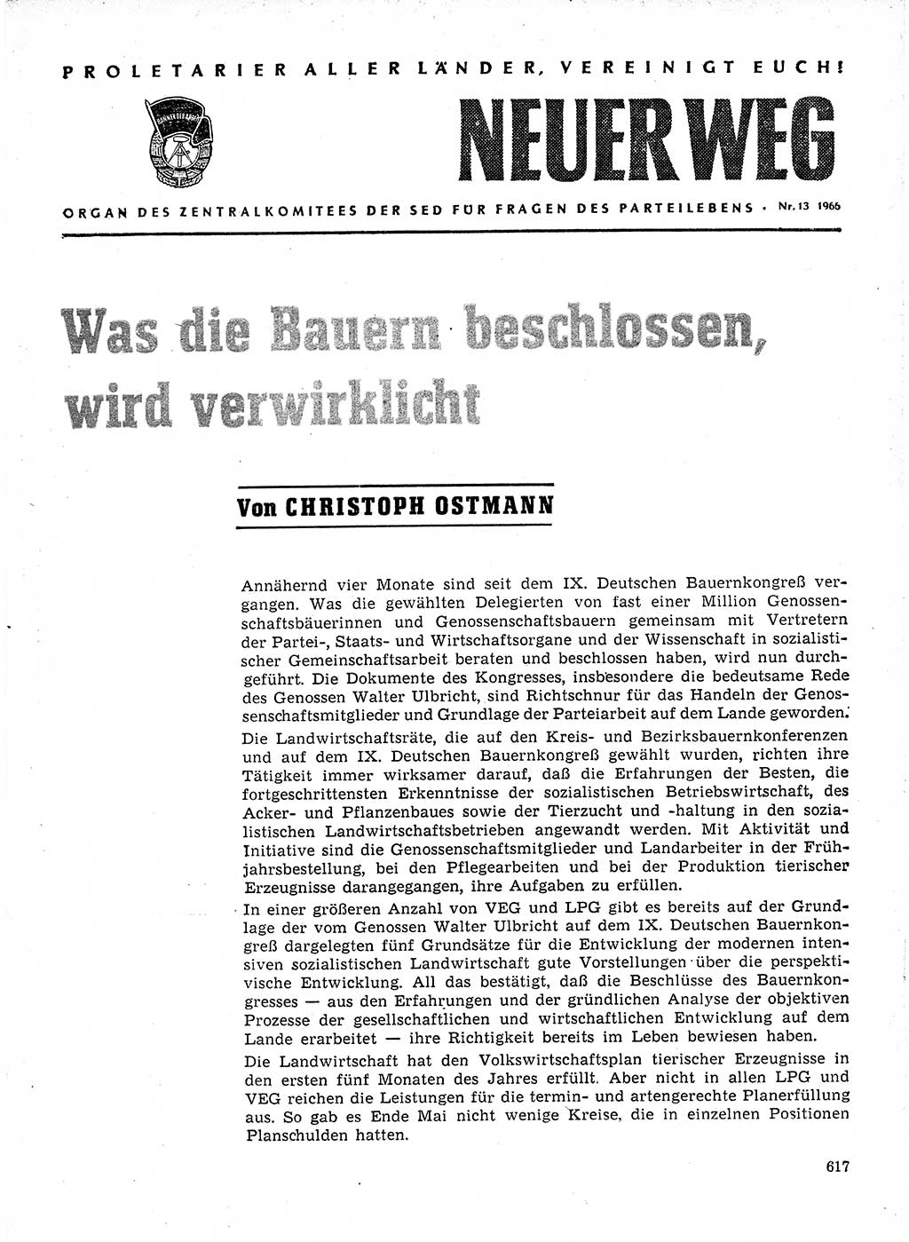 Neuer Weg (NW), Organ des Zentralkomitees (ZK) der SED (Sozialistische Einheitspartei Deutschlands) für Fragen des Parteilebens, 21. Jahrgang [Deutsche Demokratische Republik (DDR)] 1966, Seite 617 (NW ZK SED DDR 1966, S. 617)