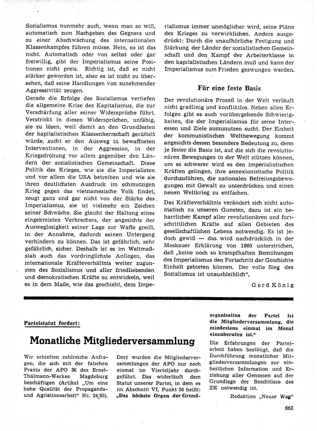 Neuer Weg (NW), Organ des Zentralkomitees (ZK) der SED (Sozialistische Einheitspartei Deutschlands) für Fragen des Parteilebens, 21. Jahrgang [Deutsche Demokratische Republik (DDR)] 1966, Seite 663 (NW ZK SED DDR 1966, S. 663)