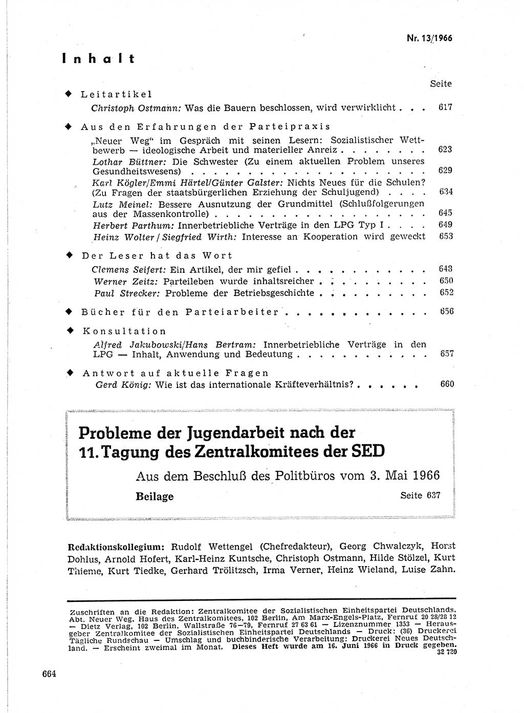 Neuer Weg (NW), Organ des Zentralkomitees (ZK) der SED (Sozialistische Einheitspartei Deutschlands) für Fragen des Parteilebens, 21. Jahrgang [Deutsche Demokratische Republik (DDR)] 1966, Seite 664 (NW ZK SED DDR 1966, S. 664)