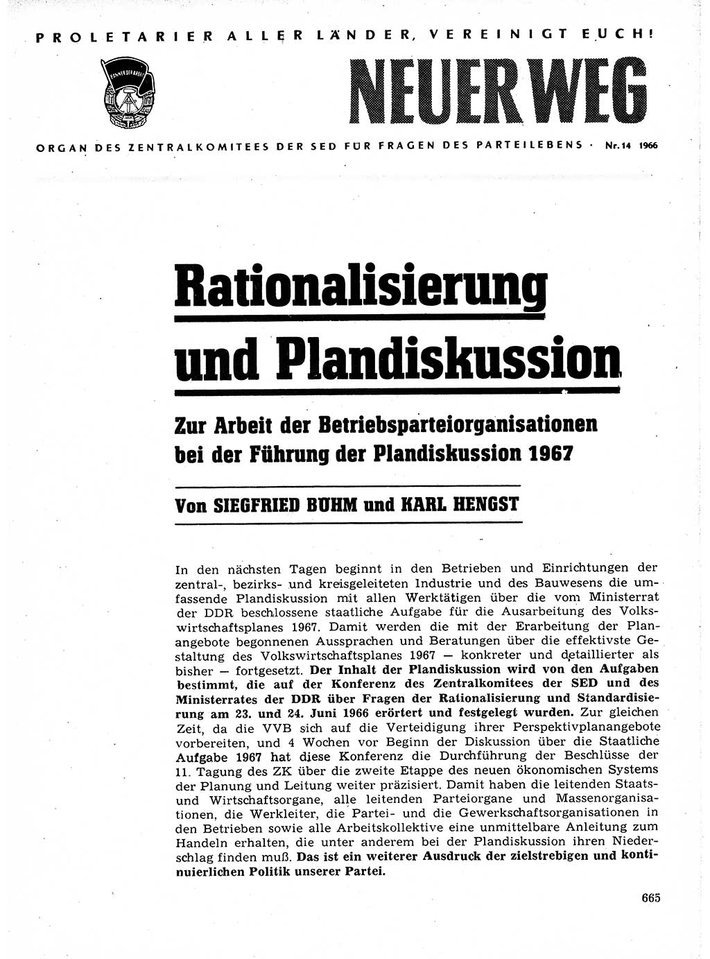 Neuer Weg (NW), Organ des Zentralkomitees (ZK) der SED (Sozialistische Einheitspartei Deutschlands) für Fragen des Parteilebens, 21. Jahrgang [Deutsche Demokratische Republik (DDR)] 1966, Seite 665 (NW ZK SED DDR 1966, S. 665)