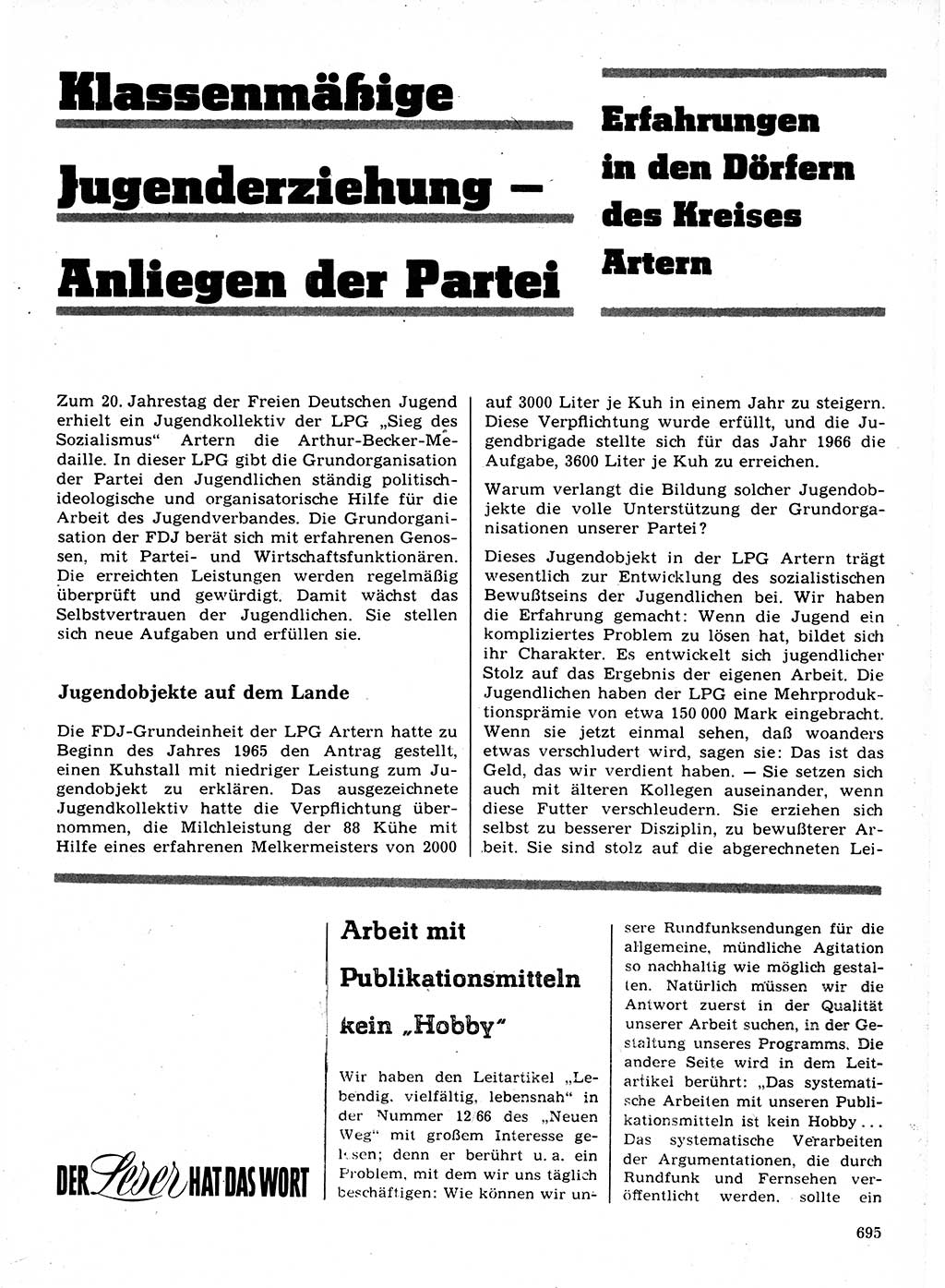 Neuer Weg (NW), Organ des Zentralkomitees (ZK) der SED (Sozialistische Einheitspartei Deutschlands) für Fragen des Parteilebens, 21. Jahrgang [Deutsche Demokratische Republik (DDR)] 1966, Seite 695 (NW ZK SED DDR 1966, S. 695)