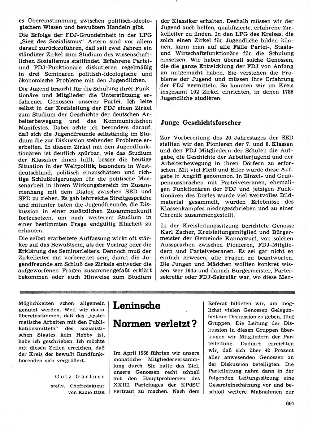 Neuer Weg (NW), Organ des Zentralkomitees (ZK) der SED (Sozialistische Einheitspartei Deutschlands) für Fragen des Parteilebens, 21. Jahrgang [Deutsche Demokratische Republik (DDR)] 1966, Seite 697 (NW ZK SED DDR 1966, S. 697)