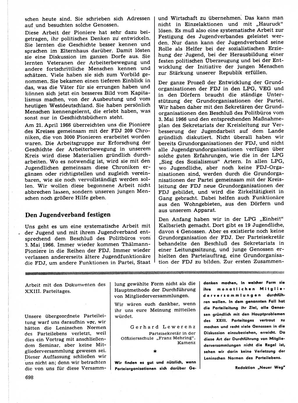 Neuer Weg (NW), Organ des Zentralkomitees (ZK) der SED (Sozialistische Einheitspartei Deutschlands) für Fragen des Parteilebens, 21. Jahrgang [Deutsche Demokratische Republik (DDR)] 1966, Seite 698 (NW ZK SED DDR 1966, S. 698)