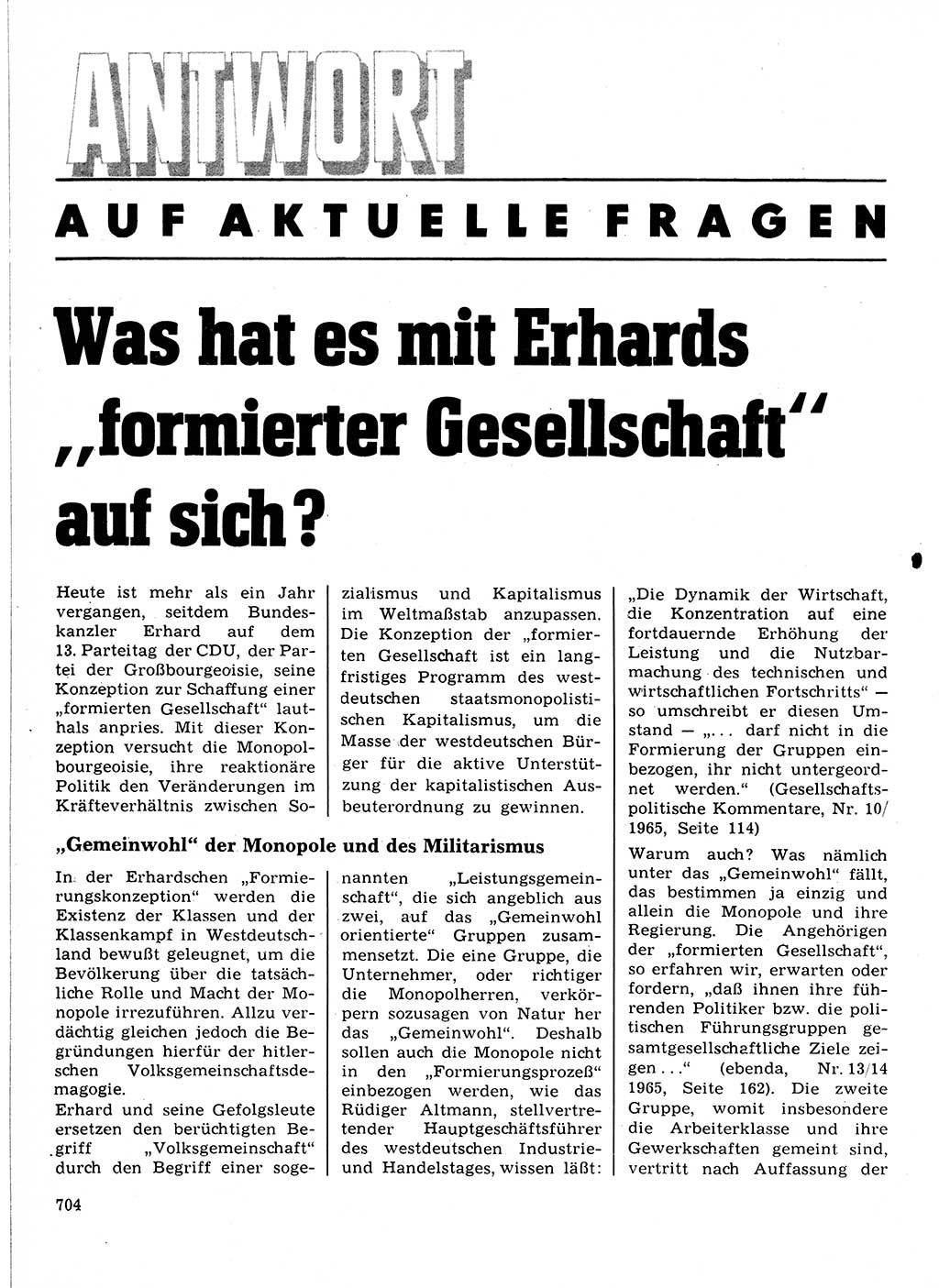 Neuer Weg (NW), Organ des Zentralkomitees (ZK) der SED (Sozialistische Einheitspartei Deutschlands) für Fragen des Parteilebens, 21. Jahrgang [Deutsche Demokratische Republik (DDR)] 1966, Seite 704 (NW ZK SED DDR 1966, S. 704)