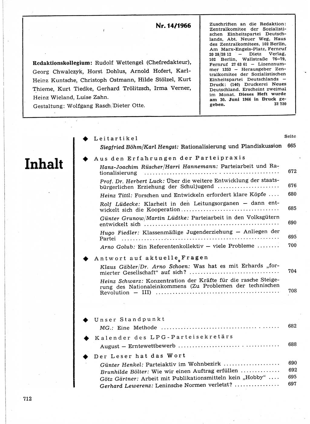 Neuer Weg (NW), Organ des Zentralkomitees (ZK) der SED (Sozialistische Einheitspartei Deutschlands) für Fragen des Parteilebens, 21. Jahrgang [Deutsche Demokratische Republik (DDR)] 1966, Seite 712 (NW ZK SED DDR 1966, S. 712)