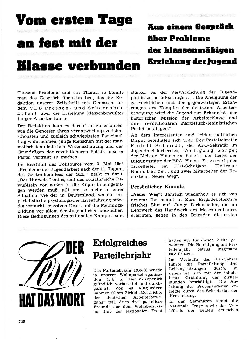 Neuer Weg (NW), Organ des Zentralkomitees (ZK) der SED (Sozialistische Einheitspartei Deutschlands) für Fragen des Parteilebens, 21. Jahrgang [Deutsche Demokratische Republik (DDR)] 1966, Seite 728 (NW ZK SED DDR 1966, S. 728)