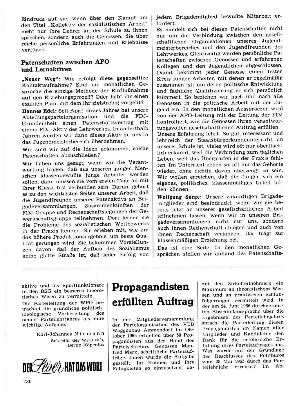 Neuer Weg (NW), Organ des Zentralkomitees (ZK) der SED (Sozialistische Einheitspartei Deutschlands) für Fragen des Parteilebens, 21. Jahrgang [Deutsche Demokratische Republik (DDR)] 1966, Seite 730 (NW ZK SED DDR 1966, S. 730)