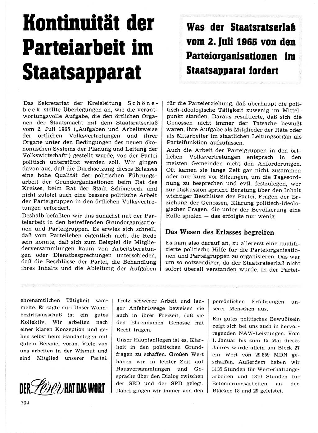Neuer Weg (NW), Organ des Zentralkomitees (ZK) der SED (Sozialistische Einheitspartei Deutschlands) für Fragen des Parteilebens, 21. Jahrgang [Deutsche Demokratische Republik (DDR)] 1966, Seite 734 (NW ZK SED DDR 1966, S. 734)