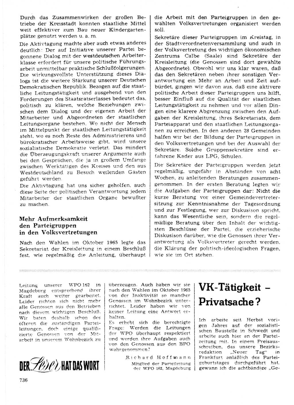 Neuer Weg (NW), Organ des Zentralkomitees (ZK) der SED (Sozialistische Einheitspartei Deutschlands) für Fragen des Parteilebens, 21. Jahrgang [Deutsche Demokratische Republik (DDR)] 1966, Seite 736 (NW ZK SED DDR 1966, S. 736)