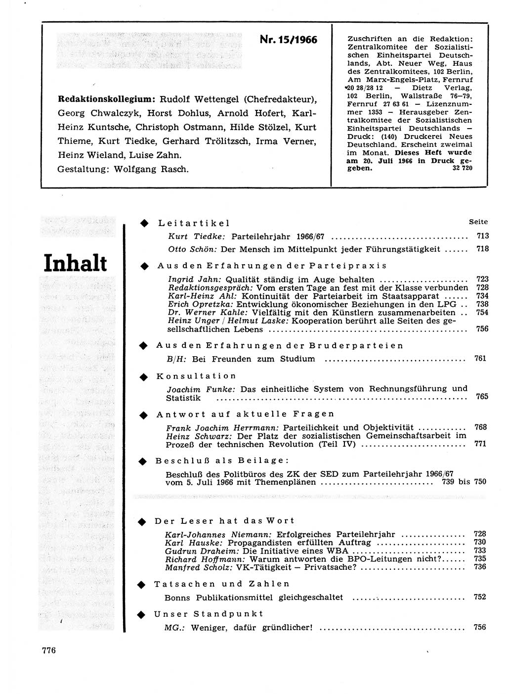 Neuer Weg (NW), Organ des Zentralkomitees (ZK) der SED (Sozialistische Einheitspartei Deutschlands) für Fragen des Parteilebens, 21. Jahrgang [Deutsche Demokratische Republik (DDR)] 1966, Seite 776 (NW ZK SED DDR 1966, S. 776)