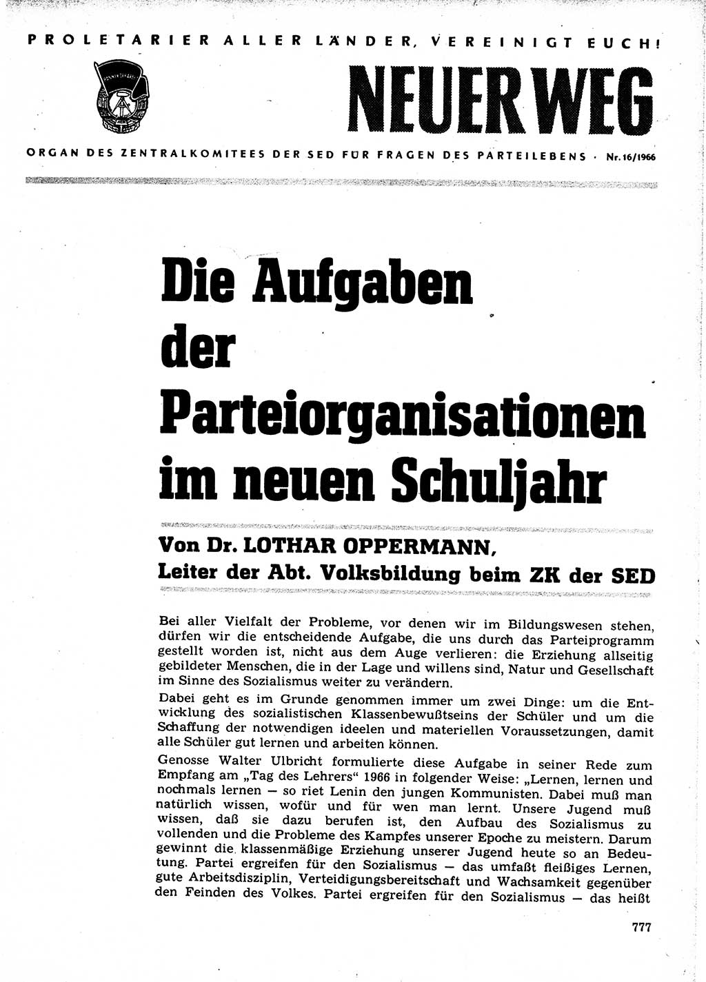 Neuer Weg (NW), Organ des Zentralkomitees (ZK) der SED (Sozialistische Einheitspartei Deutschlands) für Fragen des Parteilebens, 21. Jahrgang [Deutsche Demokratische Republik (DDR)] 1966, Seite 777 (NW ZK SED DDR 1966, S. 777)