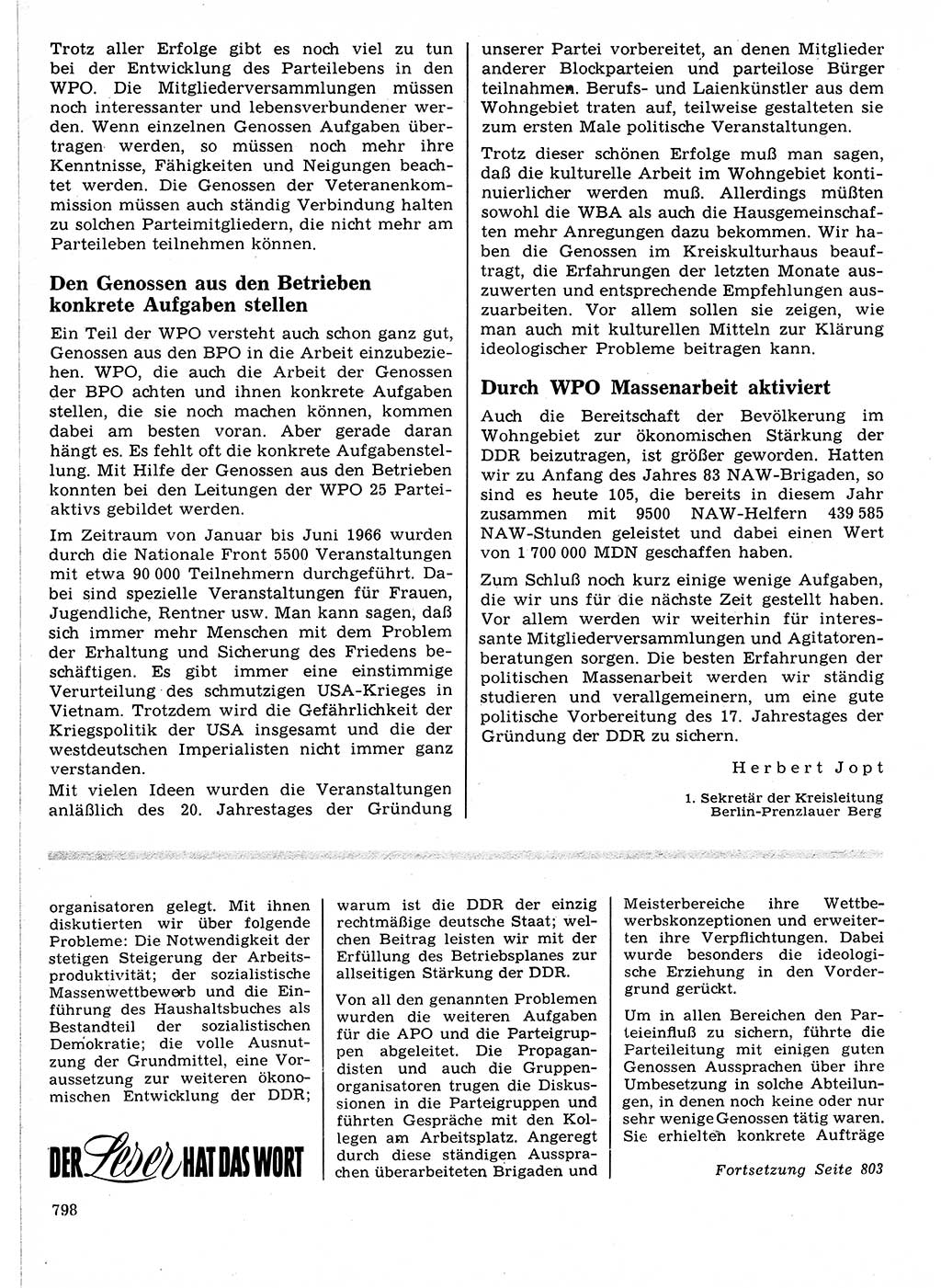 Neuer Weg (NW), Organ des Zentralkomitees (ZK) der SED (Sozialistische Einheitspartei Deutschlands) für Fragen des Parteilebens, 21. Jahrgang [Deutsche Demokratische Republik (DDR)] 1966, Seite 798 (NW ZK SED DDR 1966, S. 798)