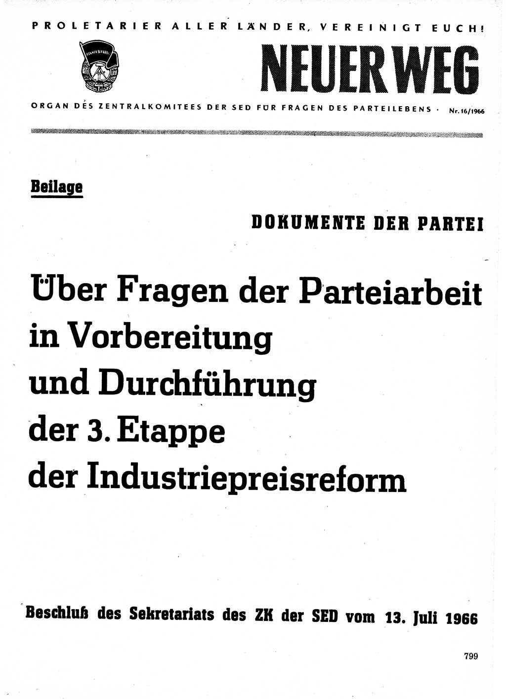 Neuer Weg (NW), Organ des Zentralkomitees (ZK) der SED (Sozialistische Einheitspartei Deutschlands) für Fragen des Parteilebens, 21. Jahrgang [Deutsche Demokratische Republik (DDR)] 1966, Seite 799 (NW ZK SED DDR 1966, S. 799)