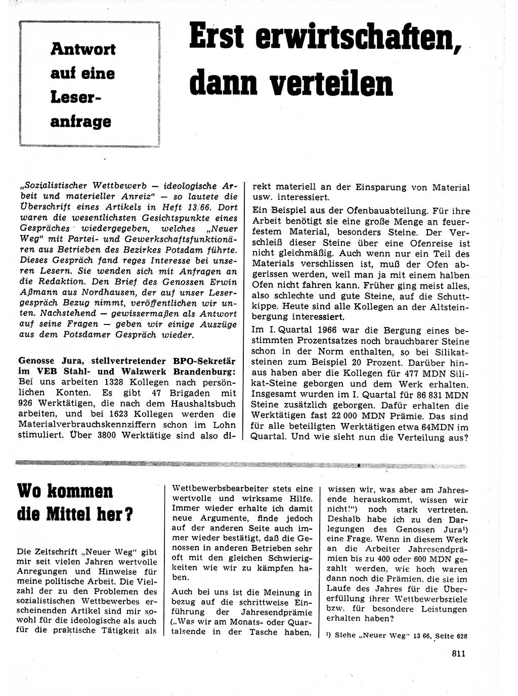 Neuer Weg (NW), Organ des Zentralkomitees (ZK) der SED (Sozialistische Einheitspartei Deutschlands) für Fragen des Parteilebens, 21. Jahrgang [Deutsche Demokratische Republik (DDR)] 1966, Seite 811 (NW ZK SED DDR 1966, S. 811)