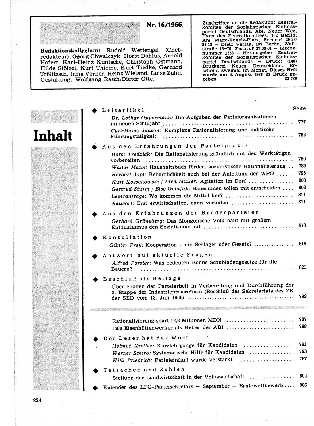 Neuer Weg (NW), Organ des Zentralkomitees (ZK) der SED (Sozialistische Einheitspartei Deutschlands) für Fragen des Parteilebens, 21. Jahrgang [Deutsche Demokratische Republik (DDR)] 1966, Seite 824 (NW ZK SED DDR 1966, S. 824)