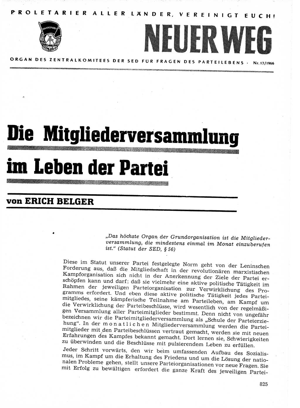 Neuer Weg (NW), Organ des Zentralkomitees (ZK) der SED (Sozialistische Einheitspartei Deutschlands) für Fragen des Parteilebens, 21. Jahrgang [Deutsche Demokratische Republik (DDR)] 1966, Seite 825 (NW ZK SED DDR 1966, S. 825)