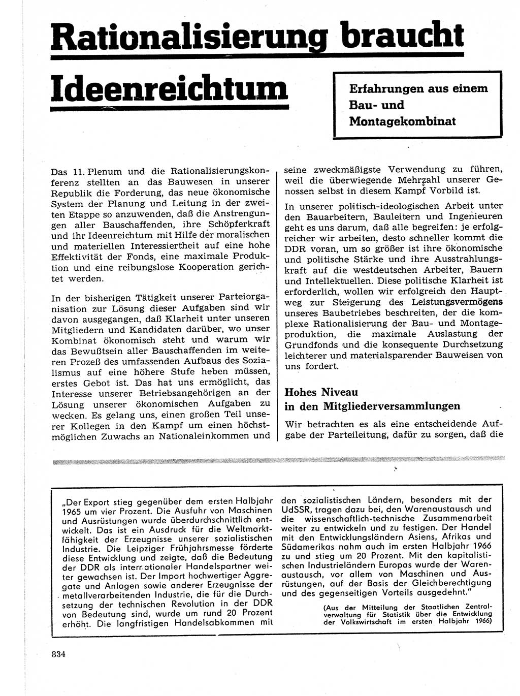 Neuer Weg (NW), Organ des Zentralkomitees (ZK) der SED (Sozialistische Einheitspartei Deutschlands) für Fragen des Parteilebens, 21. Jahrgang [Deutsche Demokratische Republik (DDR)] 1966, Seite 834 (NW ZK SED DDR 1966, S. 834)