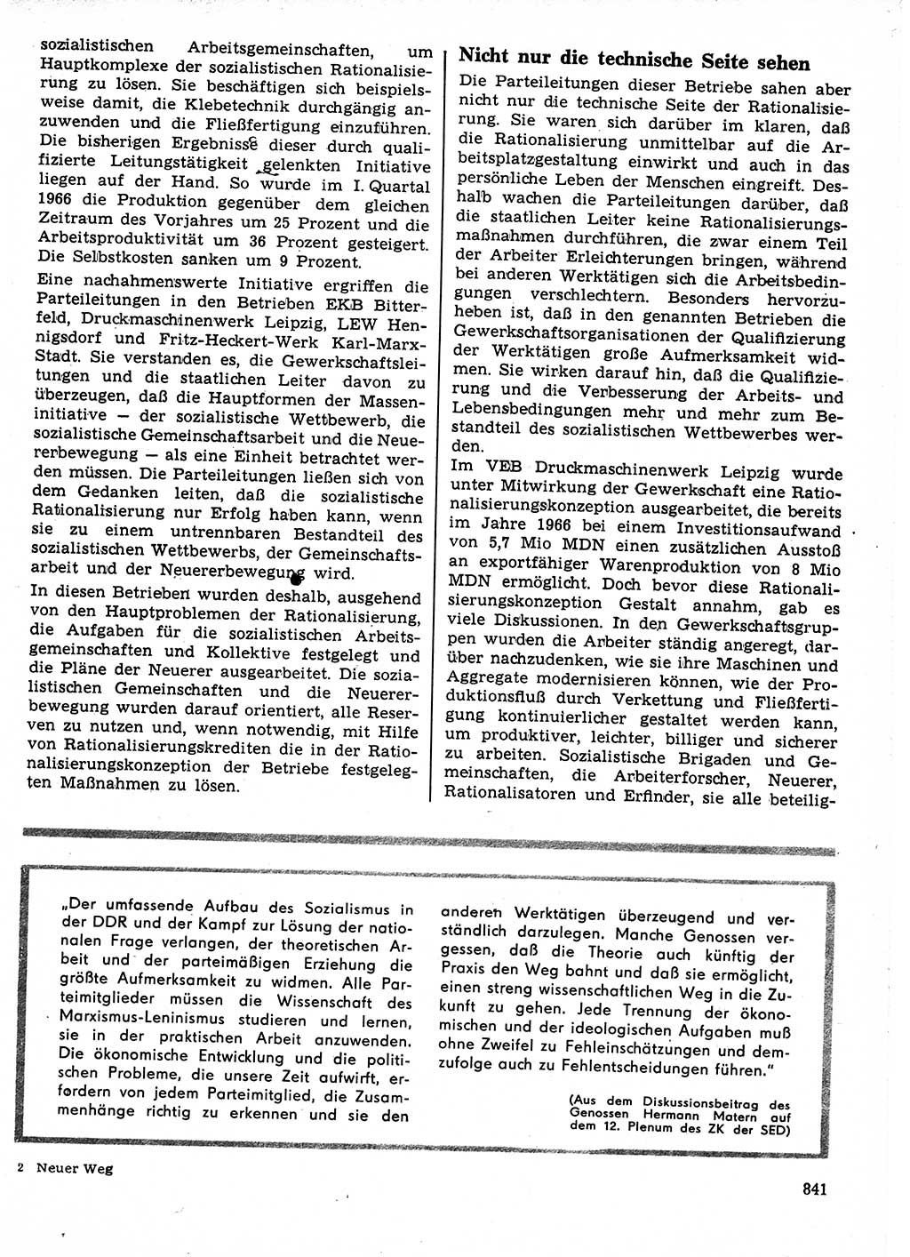 Neuer Weg (NW), Organ des Zentralkomitees (ZK) der SED (Sozialistische Einheitspartei Deutschlands) für Fragen des Parteilebens, 21. Jahrgang [Deutsche Demokratische Republik (DDR)] 1966, Seite 841 (NW ZK SED DDR 1966, S. 841)