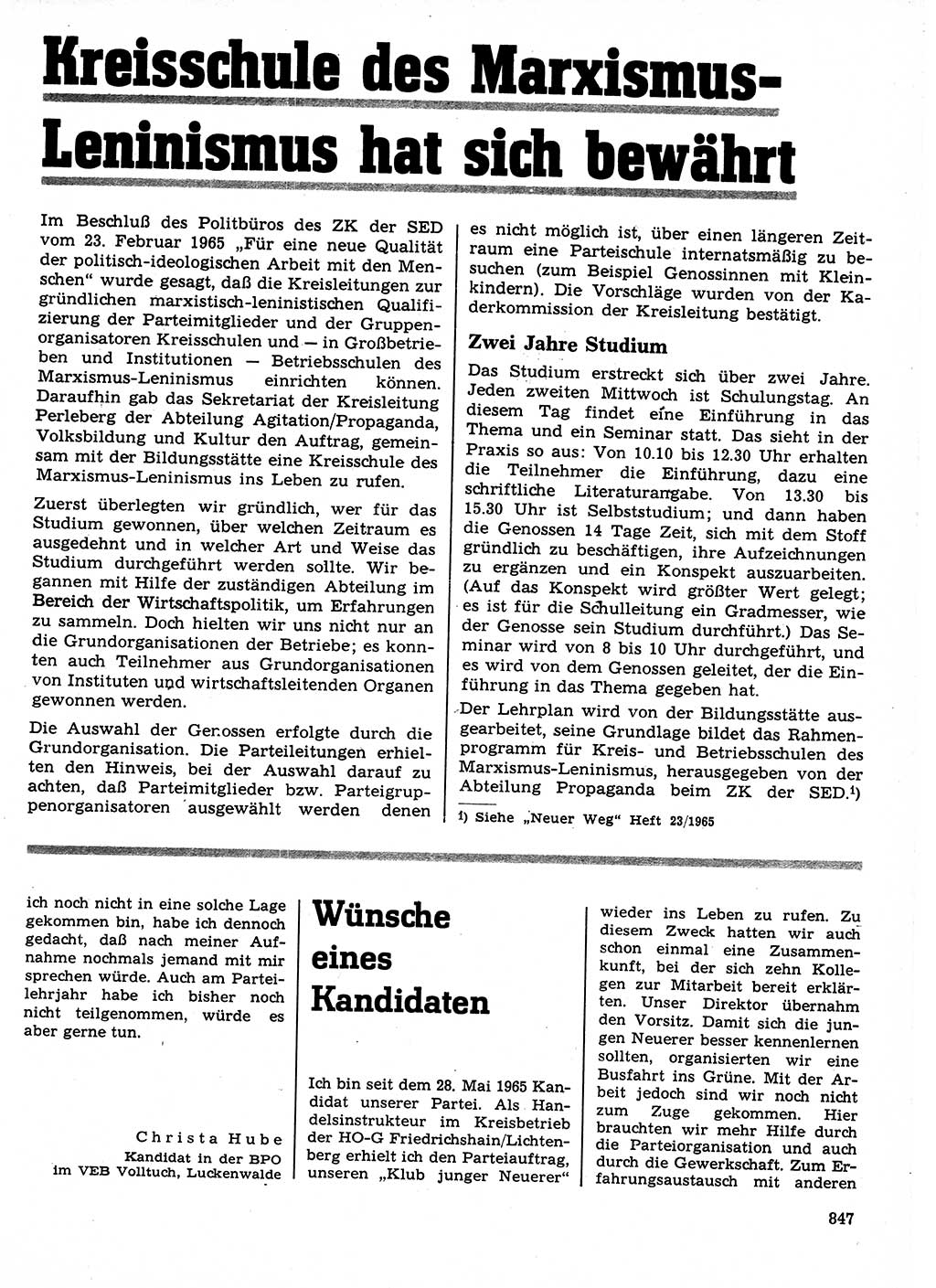 Neuer Weg (NW), Organ des Zentralkomitees (ZK) der SED (Sozialistische Einheitspartei Deutschlands) für Fragen des Parteilebens, 21. Jahrgang [Deutsche Demokratische Republik (DDR)] 1966, Seite 847 (NW ZK SED DDR 1966, S. 847)