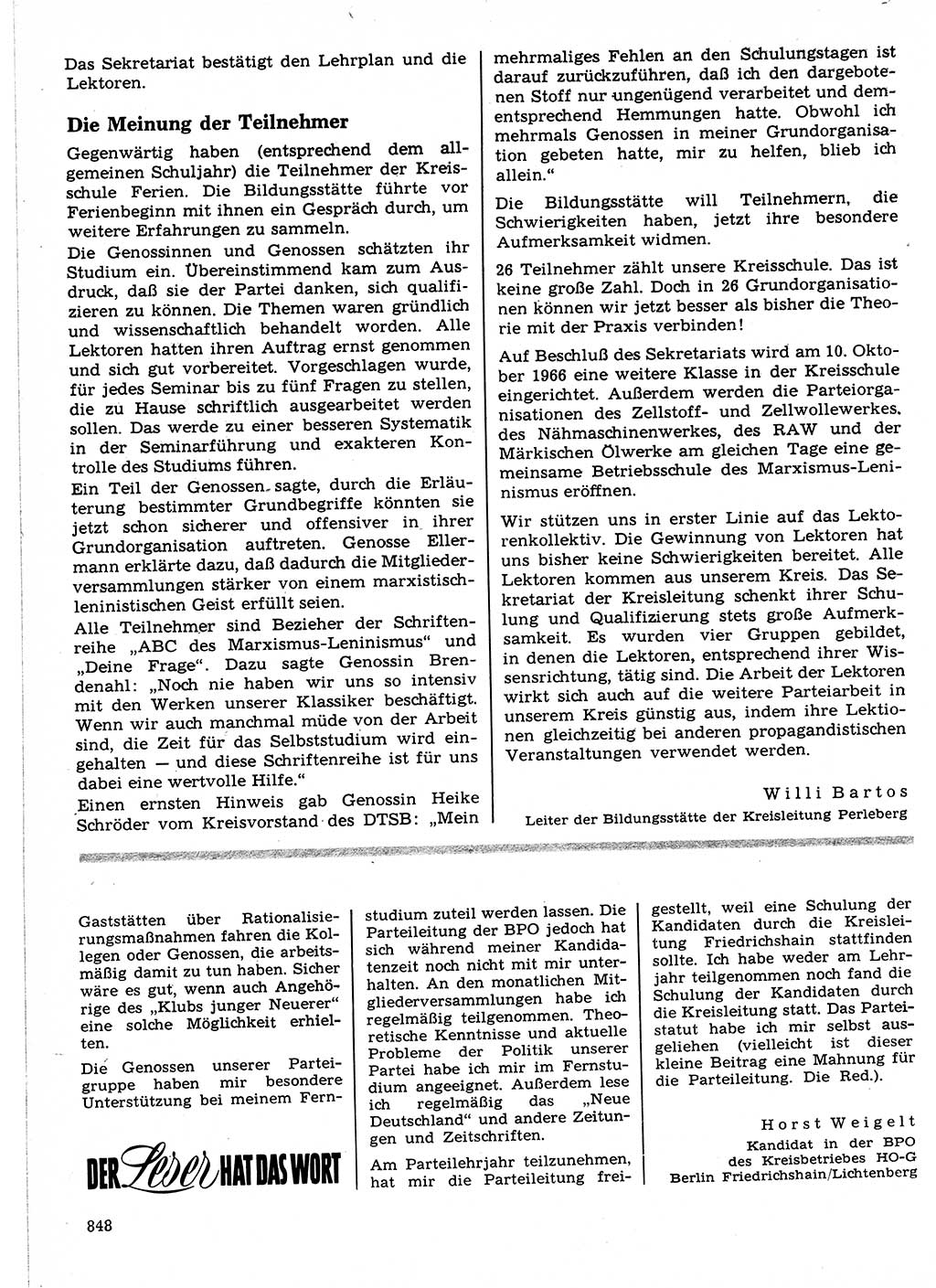 Neuer Weg (NW), Organ des Zentralkomitees (ZK) der SED (Sozialistische Einheitspartei Deutschlands) für Fragen des Parteilebens, 21. Jahrgang [Deutsche Demokratische Republik (DDR)] 1966, Seite 848 (NW ZK SED DDR 1966, S. 848)
