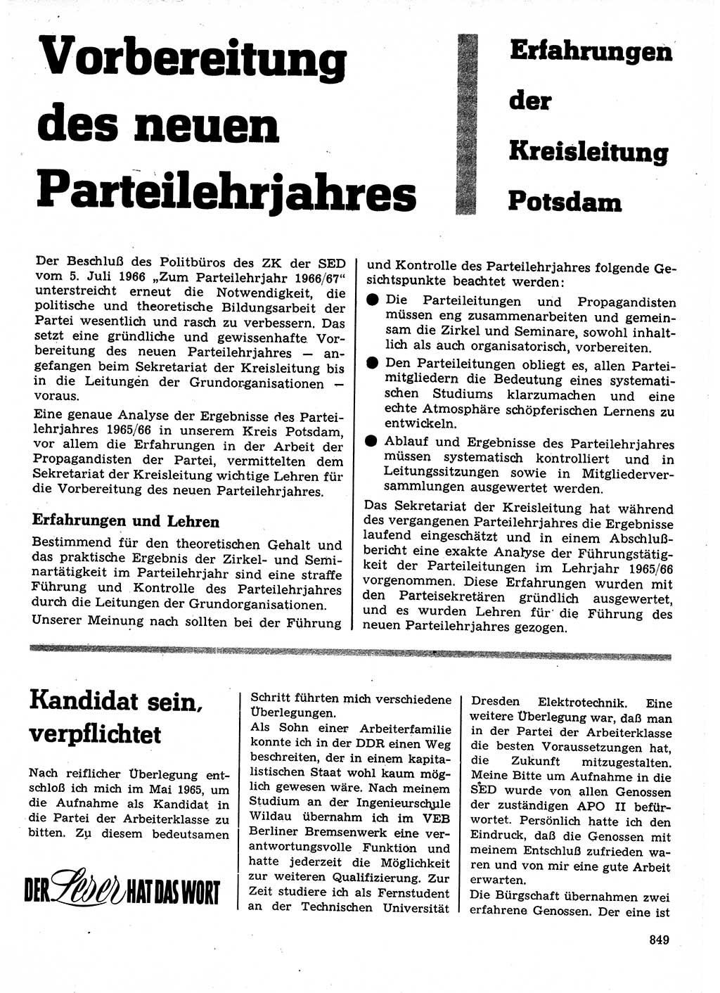 Neuer Weg (NW), Organ des Zentralkomitees (ZK) der SED (Sozialistische Einheitspartei Deutschlands) für Fragen des Parteilebens, 21. Jahrgang [Deutsche Demokratische Republik (DDR)] 1966, Seite 849 (NW ZK SED DDR 1966, S. 849)