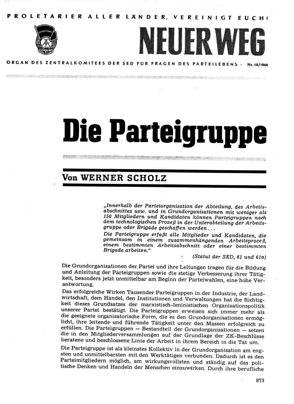 Neuer Weg (NW), Organ des Zentralkomitees (ZK) der SED (Sozialistische Einheitspartei Deutschlands) für Fragen des Parteilebens, 21. Jahrgang [Deutsche Demokratische Republik (DDR)] 1966, Seite 873 (NW ZK SED DDR 1966, S. 873)