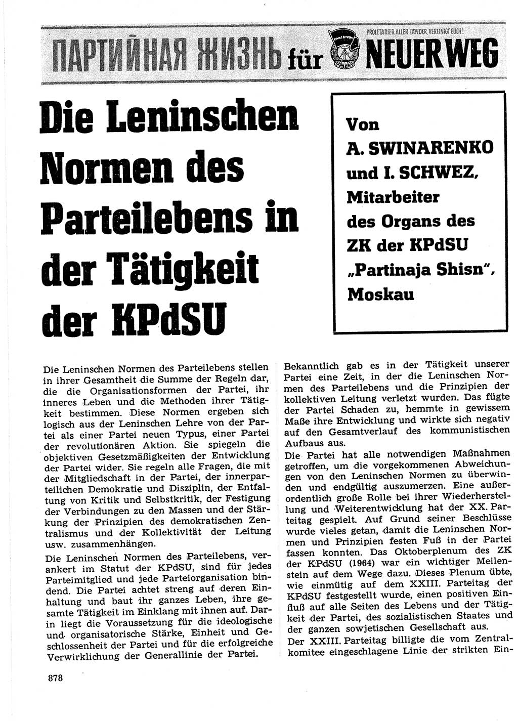 Neuer Weg (NW), Organ des Zentralkomitees (ZK) der SED (Sozialistische Einheitspartei Deutschlands) für Fragen des Parteilebens, 21. Jahrgang [Deutsche Demokratische Republik (DDR)] 1966, Seite 878 (NW ZK SED DDR 1966, S. 878)